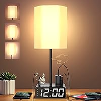 Table Lamp with Alarm Clock, Charging Station, USB C & A, AC Outlet Ports, Speakers, Radio FM - Power Outlet with Touch Control 3-Way Dimmable Nightstand Lamp for Kids Study Room, Bedroom
