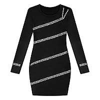TiaoBug Women's Long Sleeve Sparkling Rhinestone Mini Dress Clubwear Round Neck Bodycon Dresses