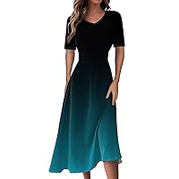 Maxi Dresses for Women 2024 Gradient Print V-Neck Short Sleeve Waist Long Swing Dress