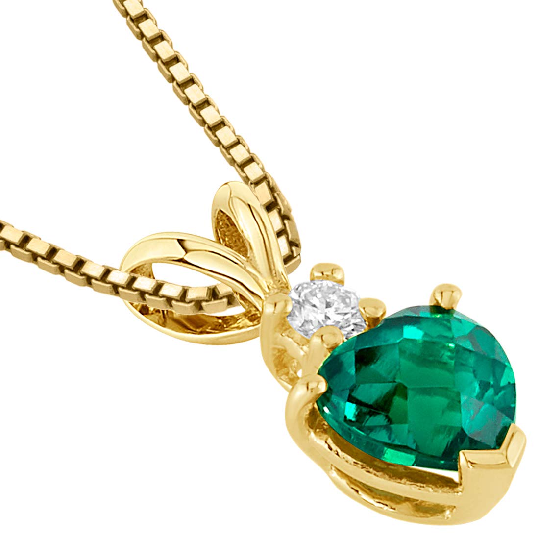 Peora Created Emerald with Genuine Diamond Pendant in 14 Karat Yellow Gold, Heart Shape Solitaire, 6mm