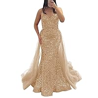 Sparkly Sequin Prom Dresses with Train Detachable Strapless Evening Gowns for Woman Mermaid Homecoming Dresses Long