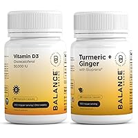 Vitamin D3 50,000 IU - 60 Veggie Capsules - High Potency Gluten Free and Turmeric Curcumin Ginger Capsules - 1950mg, 95% Curcuminoids with Black Pepper and Bioperine