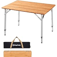 KingCamp Bamboo Folding Table Environmental Camping Table with Adjustable Height Aluminum Legs Heavy Duty 4-Folds Portable Camp Tables for Travel, Picnic, Party, Beach, 1-2 People