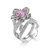 Kids Rings for Girls, Crystal Ring Natural Cubic Zirconia Pink Silver-Plated-Base Rose Flower Size for Women Girls Jewelry Gifts