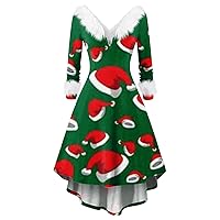 Christmas Dress for Women V-Neck Trendy Dress Long Sleeve Casual and Fashionable Dress Furry Collar Vintage Dresses