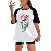 XJYIOEWT Plus Size Tops for Women with Daisies Women's Raglan Shoulder Short Sleeved Color Wind Chime Round Neck Loose