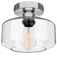 SunRider Semi Flush Mount Ceiling Light Fixtures, Brushed Nickel Industrial Seeded Glass Lamp, Silver Ceiling Light for Kitchen Hallway Porch Bedroom