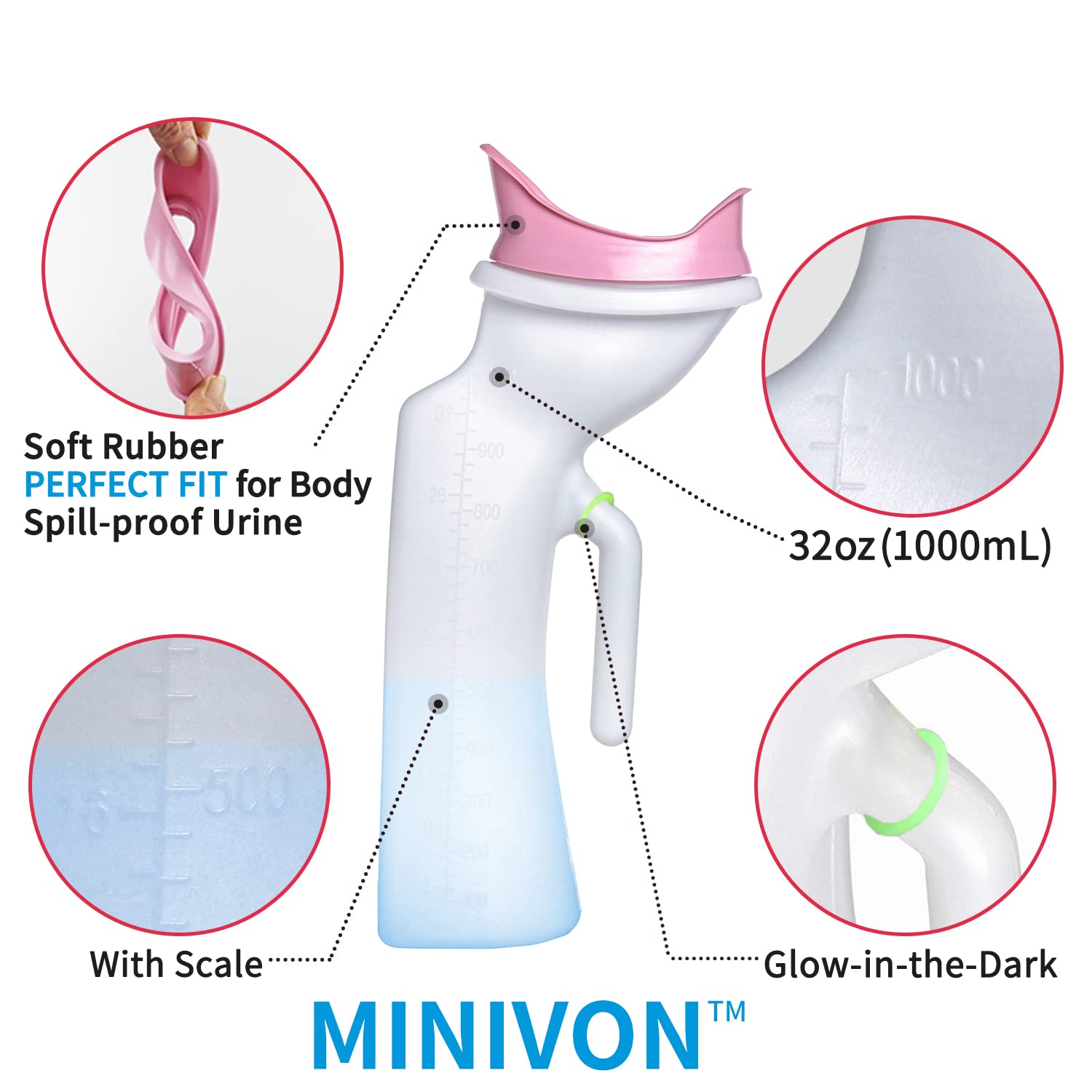 MINIVON Female Urinal for Women - 32oz/1000mL Pee Bottle Bedside, Glow in The Dark Urination Device for Elderly Bedridden Patients in Bed, Urinary Chamber Portable Urine Bottle for Travel