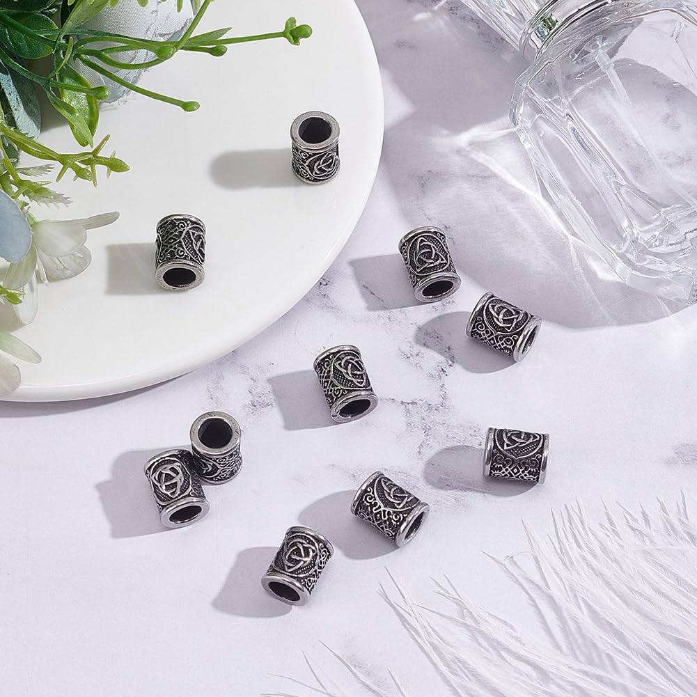UNICRAFTALE 10Pcs Stainless Steel European Beads Antique Silver Column with Trinity KnotLarge Hole Beads Viking Beard Bead for Hair Beard Bracelets Jewelry Making