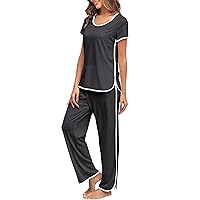 Stripe Pajamas Set Women Two-Piece Nightwear Short Sleeve Sleepwear Soft Side Split Loungewear Pjs Sets
