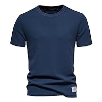 Mens Knitted Basic Tops Round Neck Summer Waffle Shirts Solid Color Ribbed Short Sleeve T-Shirt Comfy Loose Blouses