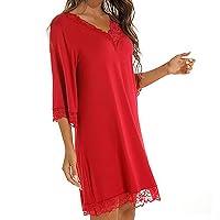 Womens Lace Trim Nightgown Summer 3/4 Sleeve V Neck Mesh Nightdress Lightweight Comfy Sleepwear Solid Loungewear