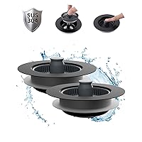 Hibbent 2 Pack 3 in 1 Kitchen Sink Drain Strainer and Stopper Combo, Stainless Steel Metal Pop Up Sink Stopper, Anti-Clogging Basket Strainer with Handle for US Standard 3-1/2 Inch Drain, Black