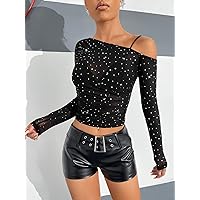Women's Tops Sexy Tops for Women Women's Shirts Sequins Detail Asymmetrical Neck Mesh Top Without Bra (Color : Black, Size : Medium)