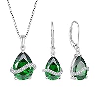 Teardrop Jewelry Set for Women 925 Sterling Silver Emerald Necklace Dangle Drop Leverback Earrings May Birthstone Jewelry Gifts for Her