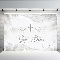 MEHOFOND 7x5ft God Bless Backdrop Silver Mi Bautizo Nuestro Bautizo Christening Photography Background for Girls Boys Dove of Peace Golden Guilter Watercolor Clouds Party Supplies Decorations