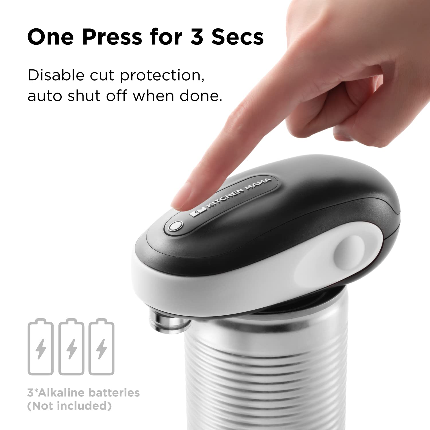 Kitchen Mama One-To-Go Electric Can Opener with Auto Shut-Off: Open Cans with Only One Push of A Button - Ergonomic & Safety, Smooth Edge, Handy with Lid Lift, Battery Operated (White)