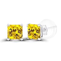 Solid 925 Sterling Silver Gold Plated 4mm Square Genuine Birthstone Stud Earrings For Women | Natural or Created Hypoallergenic Gemstone Stud Earrings
