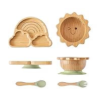 Bamboo Suction Plates Bowls Set for Baby Toddler Divided Platter Food bowl with Silicone Fork & Spoon All-Natural Baby Feeding Set for Baby-Led Weaning, Non-Slip Design
