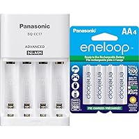 Eneloop Panasonic Advanced 4-Cell Battery Charger BQ-CC17SBA White & Ni-MH AA Battery BK-3MCCA4BA 1.2V 4pk Rechargeable