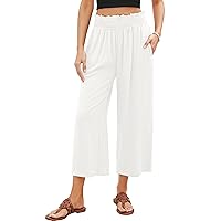 GRAPENT Capri Pants for Women High Waisted Wide Leg Linen Palazzo Trousers Pull On Elastic Smock Waist Loose Flowy Pants