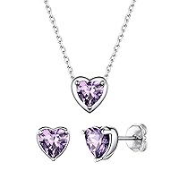 ChicSilver 925 Sterling Silver Heart Cut Birthstone Jewelry Set, Sparkling Heart Birthstone Stud Earrings and Birthstone Necklace Set for Women Girls