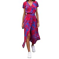 XJYIOEWT Long Dresses for Women Plus Size Formal,Women's Vacation Polka Dot Printed Tie Waist V Neck Mid Length Short Sl