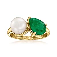 Ross-Simons 7.5-8mm Cultured Pearl and 2.20 Carat Emerald Toi Et Moi Ring in 18kt Gold Over Sterling. Size 8