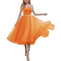 A-Line Cocktail Party Dress Sexy Prom Gown Homecoming Dress Spaghetti Strap Tea Length Sleeveless Tulle Pleats 2024