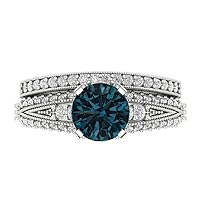 Clara Pucci 2.10ct Round Cut Solitaire Natural London Blue Topaz Engagement Promise Anniversary Bridal Ring Band set 18K White Gold