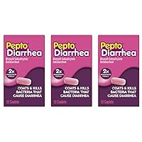 Pepto Bismol Diarrhea Caplets, Anti Diarrhea Medicine Coats Stomach for Fast Diarrhea Relief, 12 ct (Pack of 3)