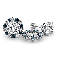 Round Blue Diamond & Natural Diamond 0.84 ctw Halo Jackets for Stud Earrings 14K Gold