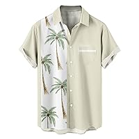 Mens Hawaiian Shirts Coconut Tree Graphic Tee Shirt Casual Button Down Tops with Chest Pocket Summer Beach T-Shirt