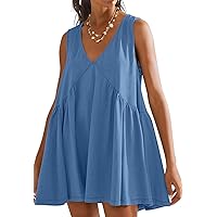 MEROKEETY Women's Summer 2024 Sleeveless Mini Dress V Neck Ruffle Casual Loose Flowy Beach Sundress