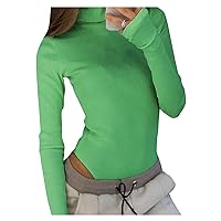 Women's Jumpsuits, Rompers & Overalls, Women's Rompers and Jumpsuits Romper Jumpsuit for Women Knot Front Tops Short Slim Knit Turtleneck Bottoming Shirt T-Shirt Long Sleeve Strip (L, Dark Green)
