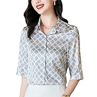 Real Silk Womens Satin Shirt Summer Shirts Half Sleeve Blouses Office Lady Plaid Printed Blouse Tops