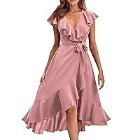 Women Summer Dresses 2024 V-Neck Short Sleeved Ruffled Solid High-Low Hemline Irregularly Edge Elegant Maxi Sundress