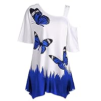 Butterfly Print t-Shirt Shirts for Women 2023 Trendy Summer Cold Shoulder Tunic Tops Casual Loose Fit Blouse