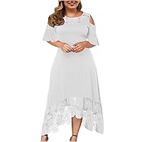 Summer Plus Size Maxi Dresses for Women, Sexy Lace Cold Shoulder Short Sleeve Long Dress Trendy Loose Plain Sundress
