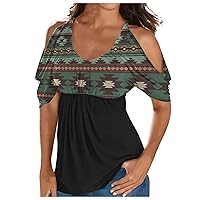 Plus Size Womens Ethnic Babydoll Cold Shoulder Tops Summer Batwing Short Sleeve Spaghetti Strap Crewneck Shirts