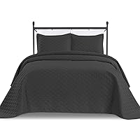 3-Piece Oversized Quilted Bedspread Coverlet Set - Black, King / California King