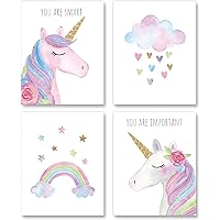 Watercolor Unicorn Nursery Wall Art Girls Room Decor Inspirational Rainbow Flower prints Baby Girls Room Poster Colorful Picture Cute Paintings for Kids Room Lovely Gift (8x10 inch，Set of 4，Unframed)