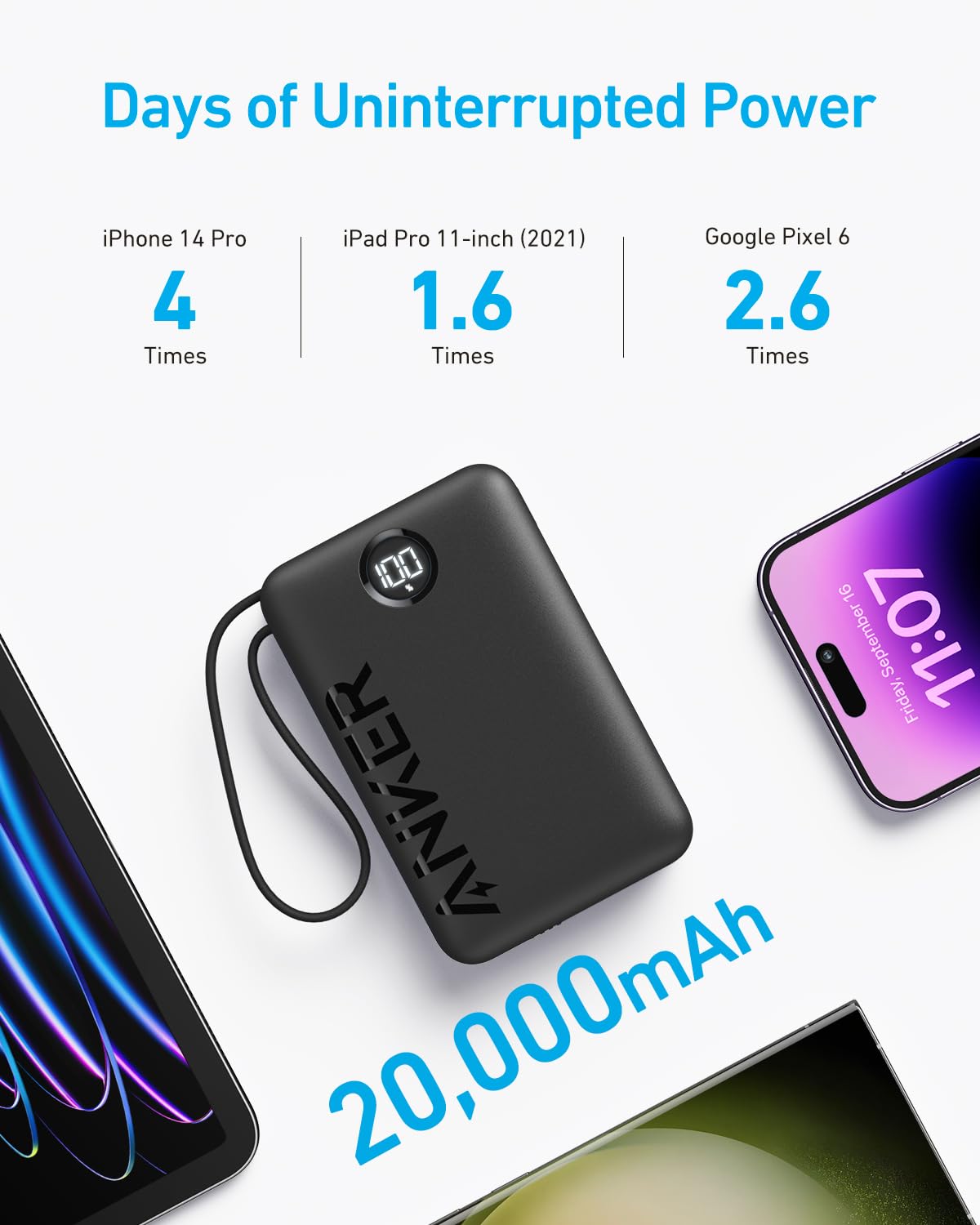 Anker Portable Charger, 22.5W High-Speed Charging Power Bank with Built-In USB-C Cable, 1 USB-C, 1 USB-A, 20K Battery Pack for iPhone 15/15 Plus/15 Pro/15 Pro Max, iPhone 14/13 Series, MacBook, Galaxy