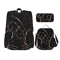 Black Gold Marble 3 Pcs Print Backpack Sets Casual Daypack with Lunch Box Pencil Case for Women Men