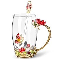 OEAGO Gifts for Women Mom Mothers Valentines Day Tea Cup Best Birthday Butterfly Rose Gifts for Her from Daughter Son Glass Coffee Christmas Enamels Mug Lead-Free with Spoon Set
