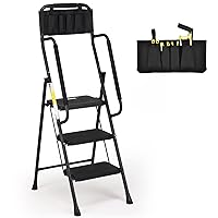 HBTower 3 Step Ladder with Handrails, Folding Step Stool with Attachable Tool Bag & Anti-Slip Wide Pedal for Home Kitchen Pantry Office, 500lbs Capacity Black