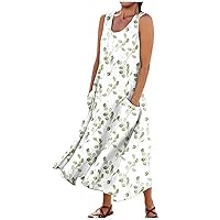 Womens Beach Wear, Summer Casual Fashion Printed Sleeveless Round Neck Floral Long Party Dress with Pockets Dresses (XXL, White)