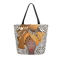 ALAZA African American Woman Leopard Large Canvas Tote Bag Shopping Shoulder Handbag with Small Zippered Pocket