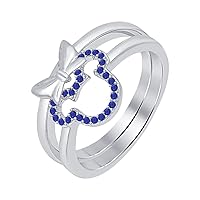 Cute Mickey Mouse & Minnie Mouse CTW0.40 Round Cut Blue Sapphire 14k White Gold Over Sterling Bow Stacker Engagement Rings for Women's.