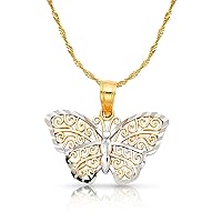 14K Two Tone Gold Fancy Monarch Butterfly Charm Pendant with 1.2mm Singapore Chain Necklace